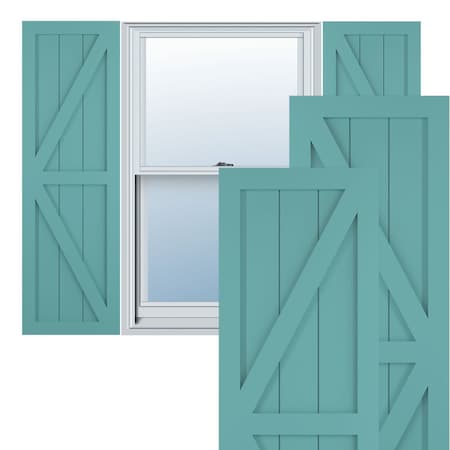 True Fit PVC Two Equal Panel Farmhouse Fixed Mount Shutters W/ Z-Bar, Pure Turquoise , 12W X 25H